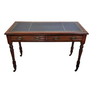 19th C English Victorian Carved & Gilt Tooled Leather Top Library Table Desk For Sale