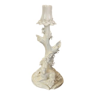 Antique 18th Century Derby Porcelain Blanc De Chine Candlestick Holder Faux Bois Tree Form Stem With a Goat For Sale