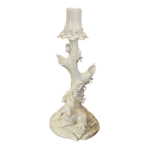 Antique 18th Century Derby Porcelain Blanc De Chine Candlestick Holder Faux Bois Tree Form Stem With a Goat