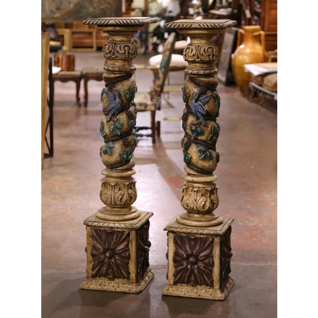 Mid 18th Century Pair of 18th Century French Carved Polychrome Pedestals With Birds & Grapevines For Sale - Image 5 of 12