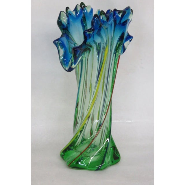 Mid Century Modern Hand Blown Glass Twisted Fan Rim Tall Vase For Sale - Image 10 of 13