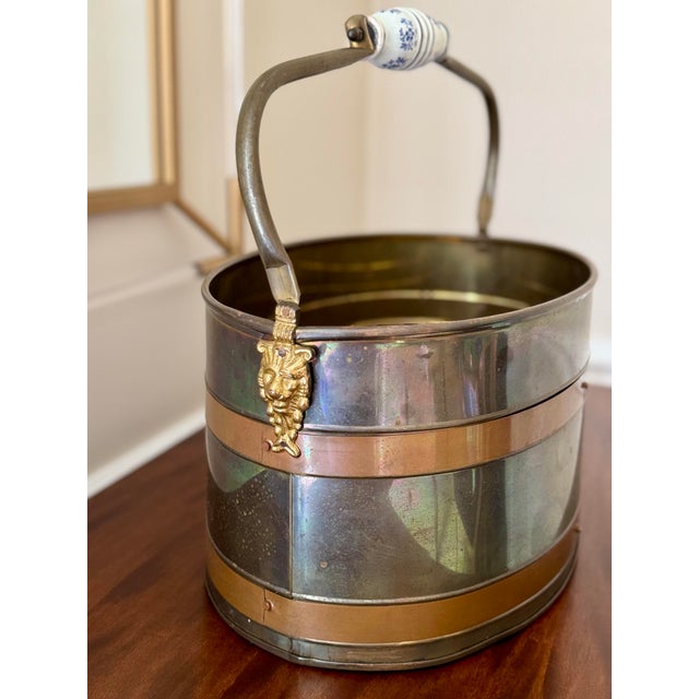 Vintage Dresher Copper and Brass Oval Bucket or Cache Pot With Blue and White Handle For Sale - Image 4 of 9