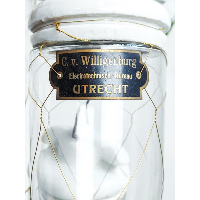 Antique Dutch Brass Wire Caged Porcelain and Glass Pendant from Utrecht For Sale - Image 5 of 8