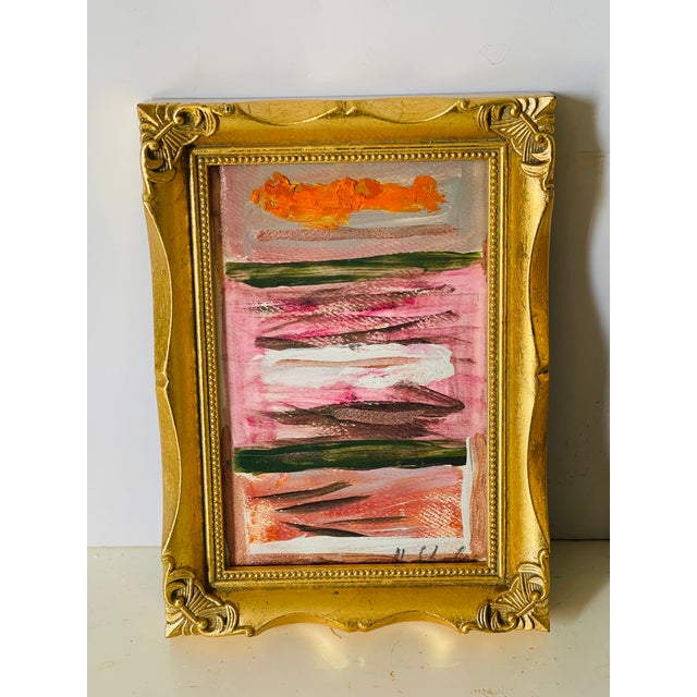 Two contemporary abstract mixed media on paper mini paintings “ Abstraction in Pink” by Mariana Shulga. In gold profiled...