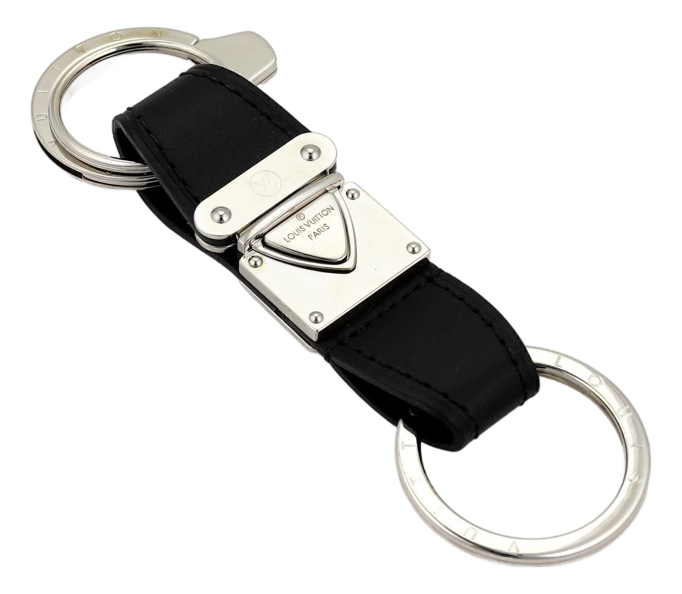 Louis Vuitton Black Leather Silver Metal Buckle Strap 3 Ring Key