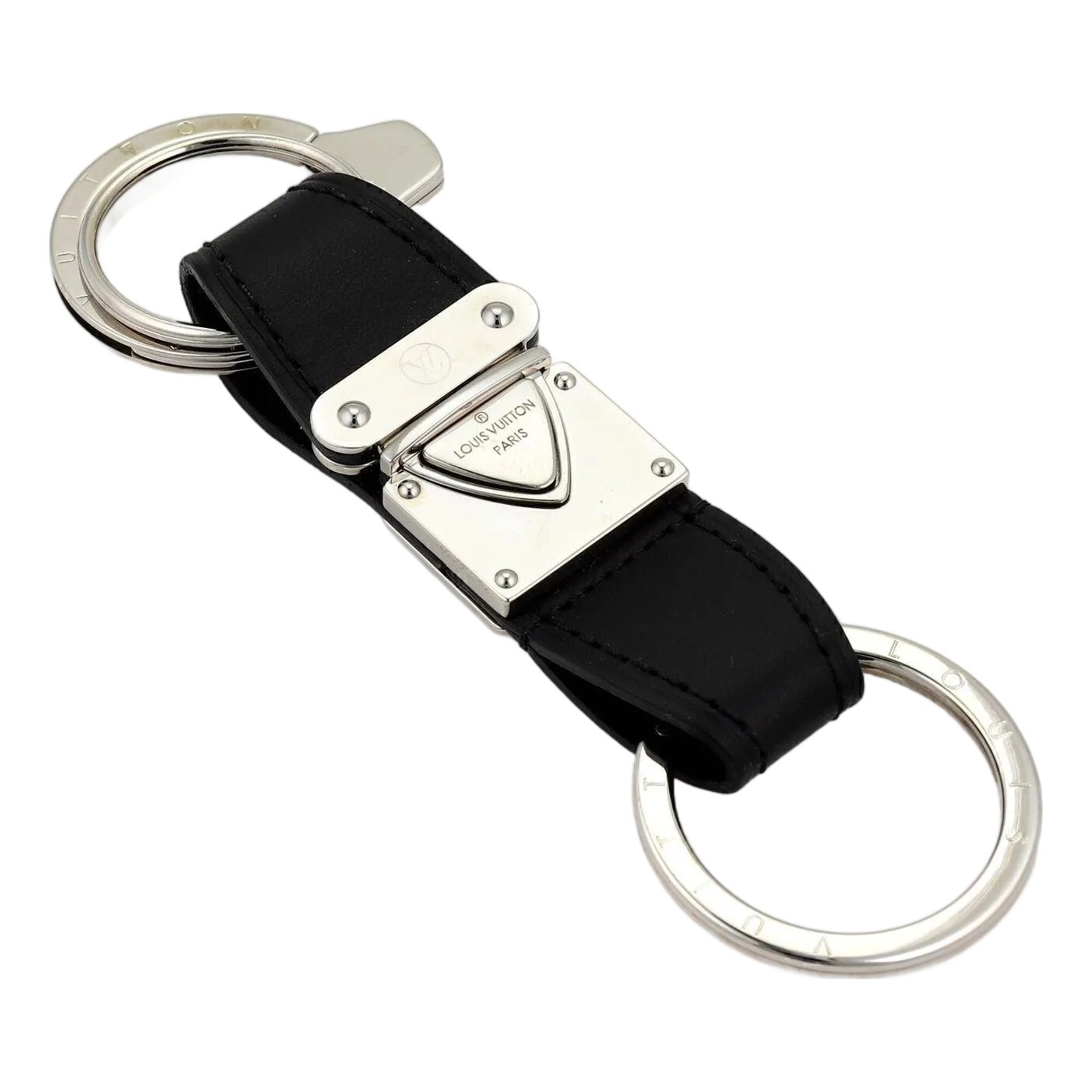 LOUIS VUITTON レザーキーリング Louis Vuitton Black Leather Silver Metal Buckle Strap 3 Ring Key