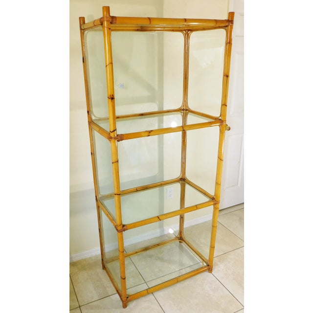 Wood Large Vintage Bamboo & Encased Glass 4 Tier Etagere Book Shelf Rack Curio Display Case For Sale - Image 7 of 12