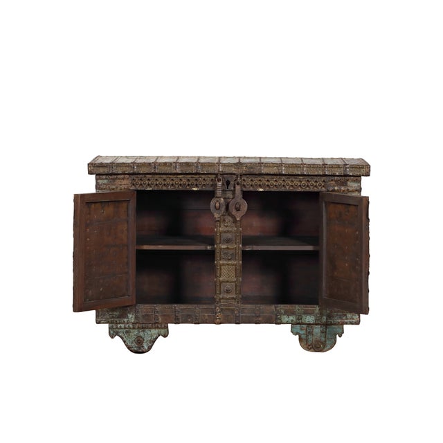 1900 - 1909 Antique Indian Painted Teakwood and Brass Pitara Chest Console For Sale - Image 5 of 8