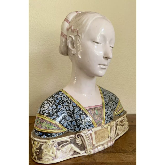 Late 19th Century Antique Angelo Minghetti Majolica Italian Woman Bust After Francesco Laurana For Sale - Image 4 of 12