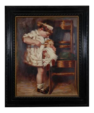 Unknown, Child and Doll, Oil Painting on Canvas, Early 20th Century