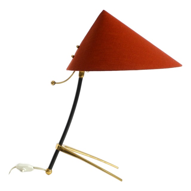 Large Mid-Century Modern Tripod Brass Table Lamp with Fabric Shade from Kalmar, 1950s For Sale