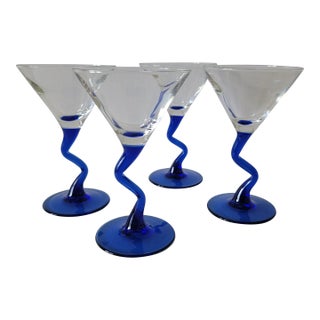 Set of 4 Vintage Mini Z Stem Martini Glasses Cobalt Blue Cocktail Glasses For Sale