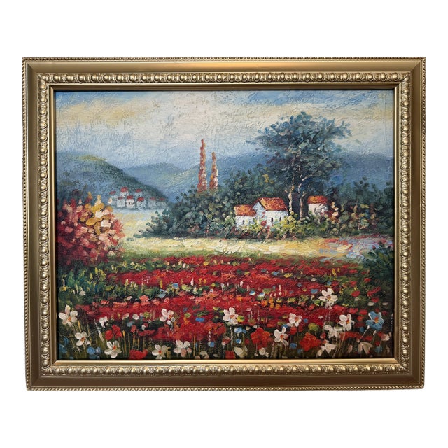 Vintage Impressionist Landscape Oil Painting Floral Meadow Countryside Scene For Sale