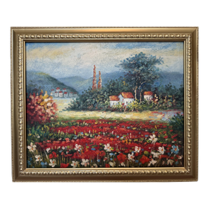 Vintage Impressionist Landscape Oil Painting Floral Meadow Countryside Scene