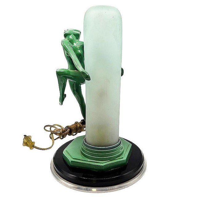 Art Deco 1970 Frankart F612 Dancing Nude Nymph Lamp W/ Frosted Glass Shade, Re-Edition For Sale - Image 3 of 8