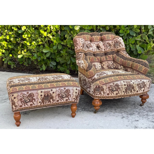 Exceptional vintage lounge chair and matching ottoman with a beautifully exaggerated barrel silhouette, deep button...