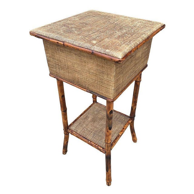Antique tiger bamboo, also known as tortoiseshell bamboo, pedestal side table with flip-open lid storage, and a secondary...