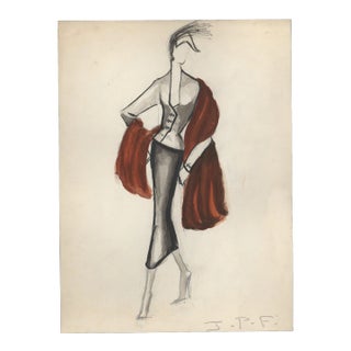 1950s Mid-Century French Fashion Drawing Gouache For Sale