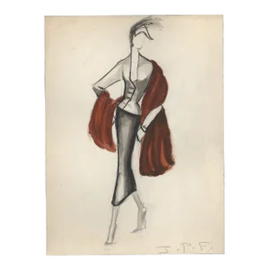 1950s Mid-Century French Fashion Drawing Gouache