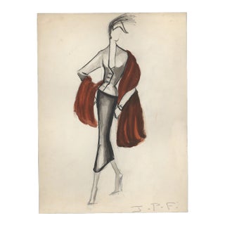 1950s Mid-Century French Fashion Drawing Gouache, Matted For Sale