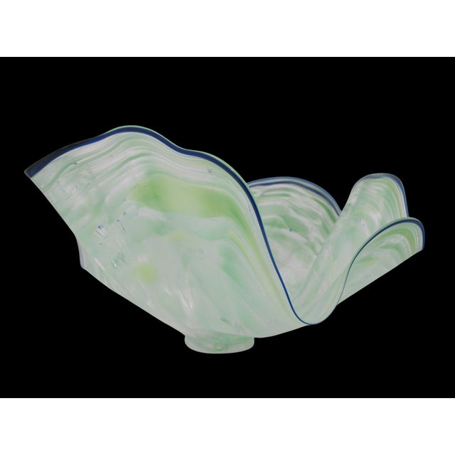 Large Seaform Blue Green Ruffled Pilchuck Studio Hand Blown Art Glass Bowl For Sale In Portland, OR - Image 6 of 13