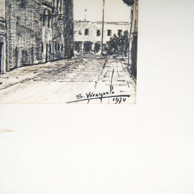 Paper work by Sandro Varagnolo, Urban View with Basilica, signed and dated 1970.