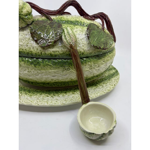Green Vintage Italian Majolica Green Stipe Melon Tureen Tablescape Decor For Sale - Image 8 of 12