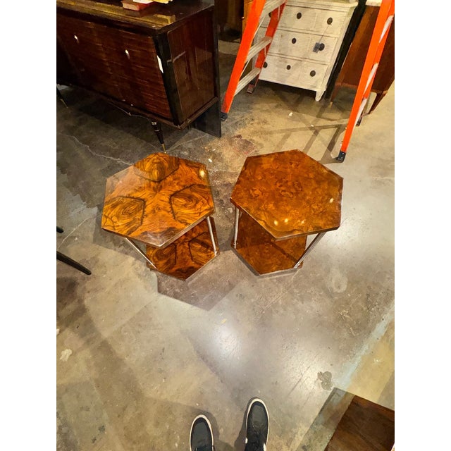 Wood Italian Art Deco Style Walnut and Chrome Hex Side Tables For Sale - Image 7 of 7