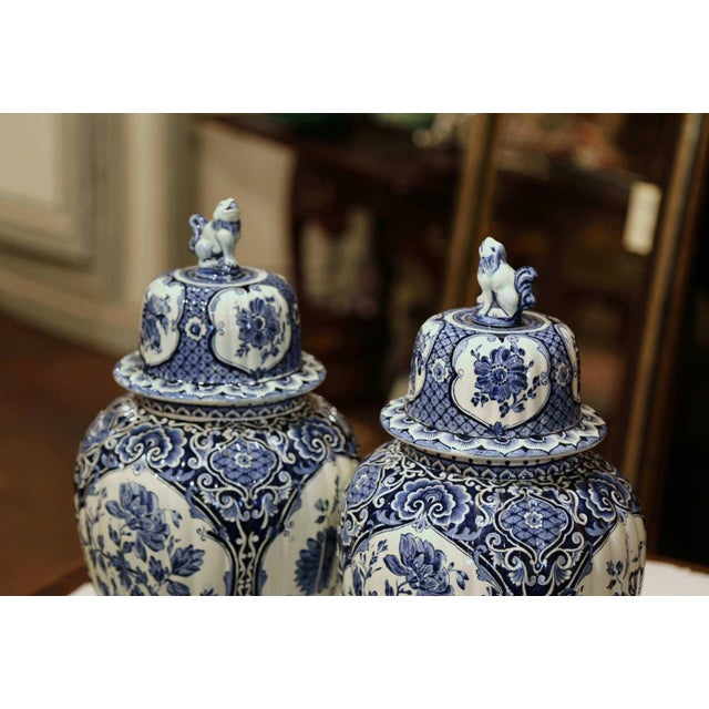 Blue Pair of Mid-Century Dutch Delft Blue and White Faience Ginger Jars For Sale - Image 8 of 10