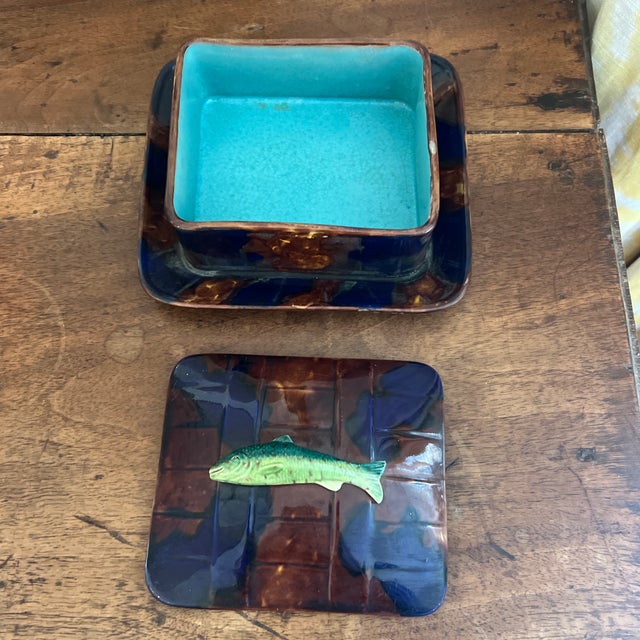 Late 19th Century Antique English 19th Century Majolica Sardine Box With Striking Turquoise Interior For Sale - Image 5 of 6