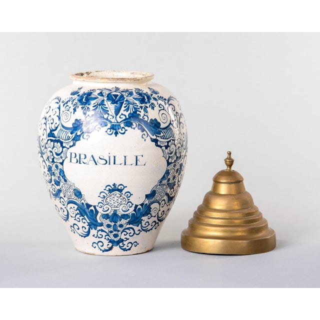 Dutch Delftware Blue & White Tobacco Jar With Brass Lid, Circa 1800 For Sale - Image 9 of 10
