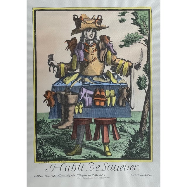 Hand-colored lithograph of a late 17th-century French engraving, Habit, De Sauetier ("Attire of a Shoemaker"), printed in...