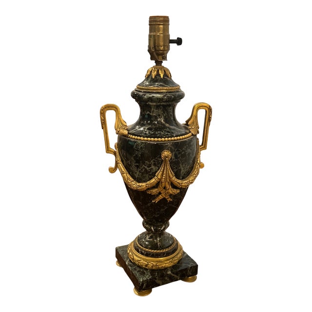 Antique French Louis XVI Style Table Lamp Made of Green Marble and Gilt Bronze For Sale
