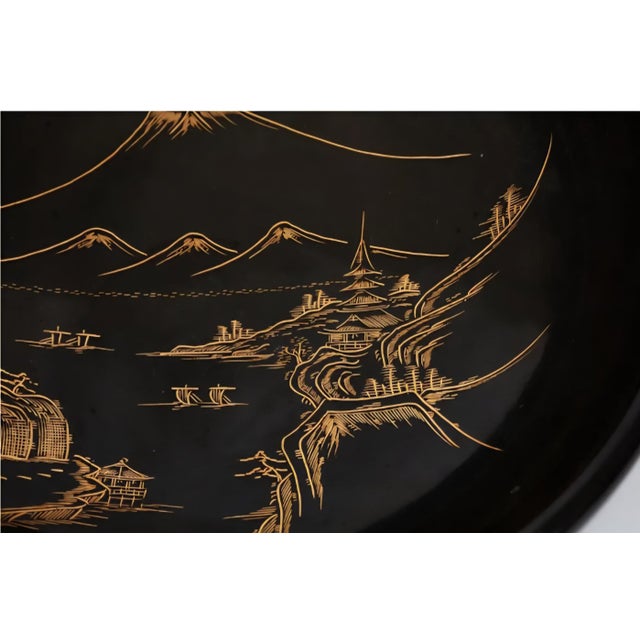 Wood Vintage 1940s Japanese Black Lacquer Bowl With Painted Brass Inlay For Sale - Image 7 of 16