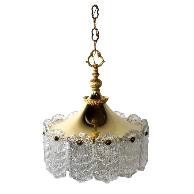 Hanging Lamp in Brass with Frosted Iced Glass For Sale