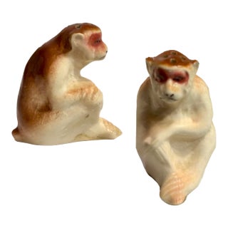 Mid 20th Century Japanese Trompe-L’Oeil Japanese Porcelain Monkey Salt and Pepper Shakers - a Pair For Sale