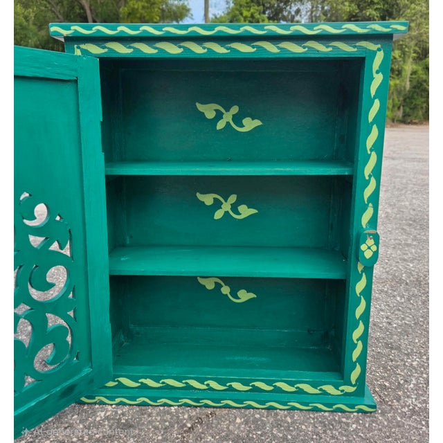 Hand Painted Mediterranean Medicine Cabinet / Wall Shelf / Green Zouak For Sale In Orlando - Image 6 of 7