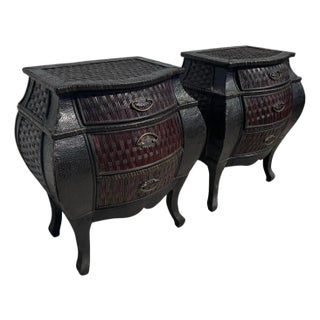 Late 20th Century Pair of Bombe Style Boho Chic Rattan Commodes For Sale