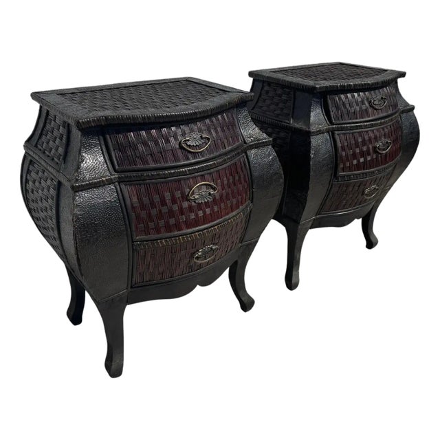 Late 20th Century Pair of Bombe Style Boho Chic Rattan Commodes For Sale