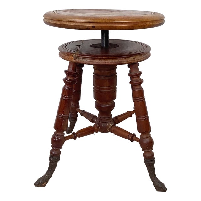Antique Victorian Adjustable Piano Stool With Turned Legs and Claw Feet For Sale