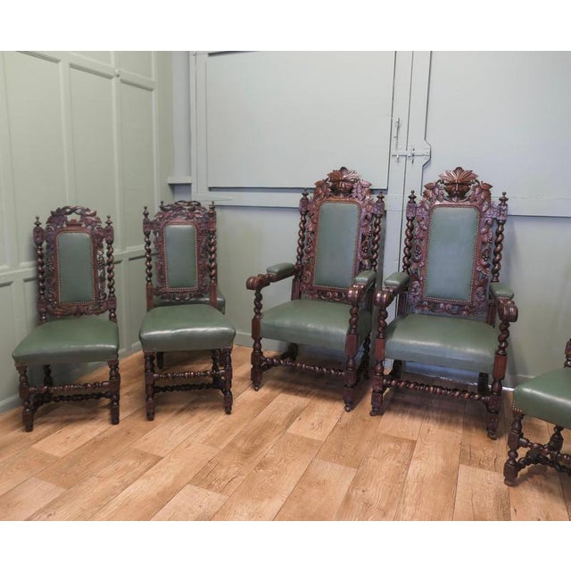 Victorian Gothic Jacobean Oak Dining Chairs, Set of 10 For Sale - Image 4 of 8