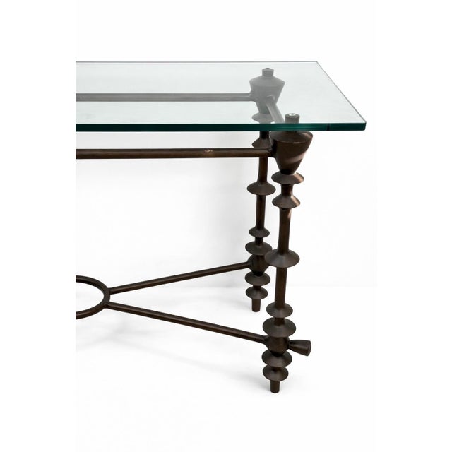 Glass Giacometti-Style Patinated Bronzed and Glass Console Table For Sale - Image 7 of 10