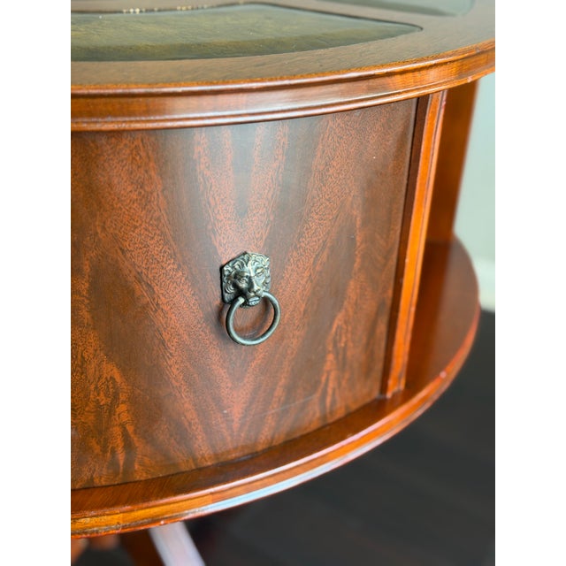 Vintage Mahogany Revolving Drum Library Table With Leather Top Duncan Phyfe Style Rotating Bookcase End Table For Sale - Image 10 of 12
