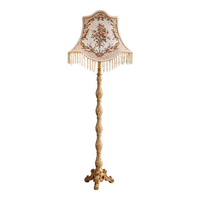 French-Style Gilded Floor Lamp – Ornate Gold Leaf Stand With Floral Embroidered Shade & Crystal Fringe For Sale