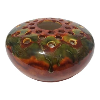 Late 20th Century Flo Westfall Ceramic Drip Glaze Vase Flower Frog Arrangement Green Brown For Sale