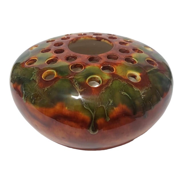 Late 20th Century Flo Westfall Ceramic Drip Glaze Vase Flower Frog Arrangement Green Brown For Sale