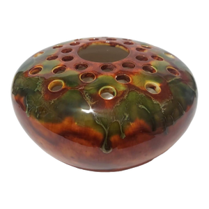 Late 20th Century Flo Westfall Ceramic Drip Glaze Vase Flower Frog Arrangement Green Brown