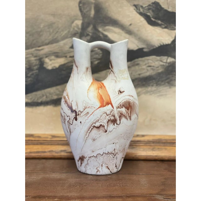 Vintage Handmade Double Spout Nemadji Vase Minnesota Multicolored Stamped ceramic vase antique pottery orange and blue...