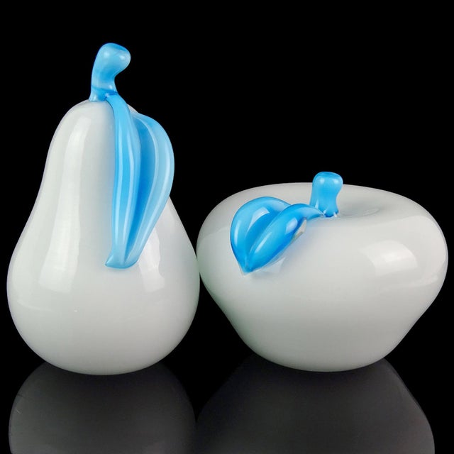 Mid-Century Modern Murano Vintage White Sky Blue Italian Art Glass Pear and Apple Fruit Sculpture Paperweights - Set of 2 For Sale - Image 3 of 5