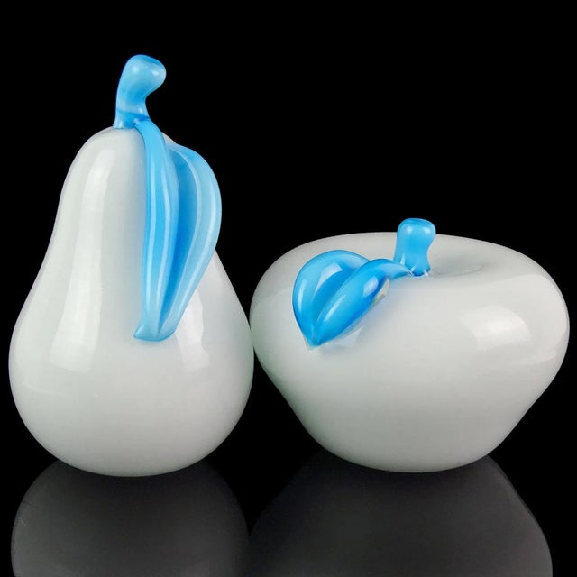 Mid-Century Modern Vintage Murano White Sky Blue Italian Art Glass Pear and Apple Fruit Sculpture Paperweights - Set of 2 For Sale - Image 3 of 5